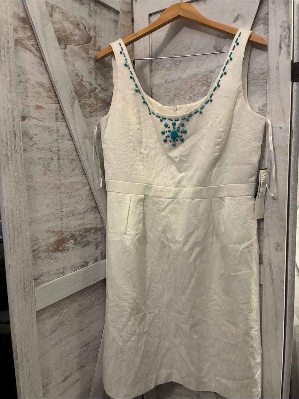Studio I White Sleeveless Dress with Teal Bead Accents